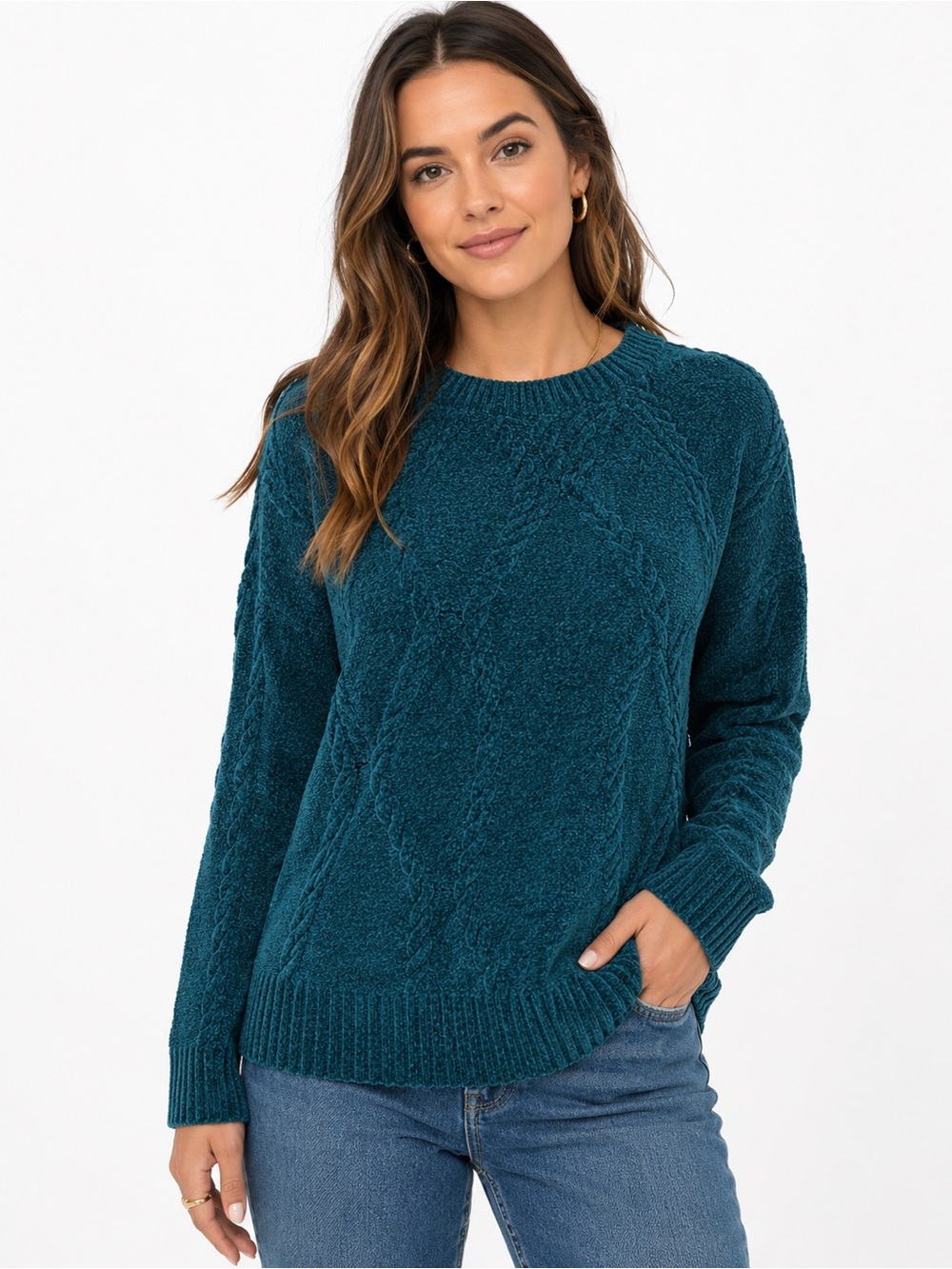 Simply Vera Vera Wang Cable Knit Chenille Sweater Teal Cozy Soft XS